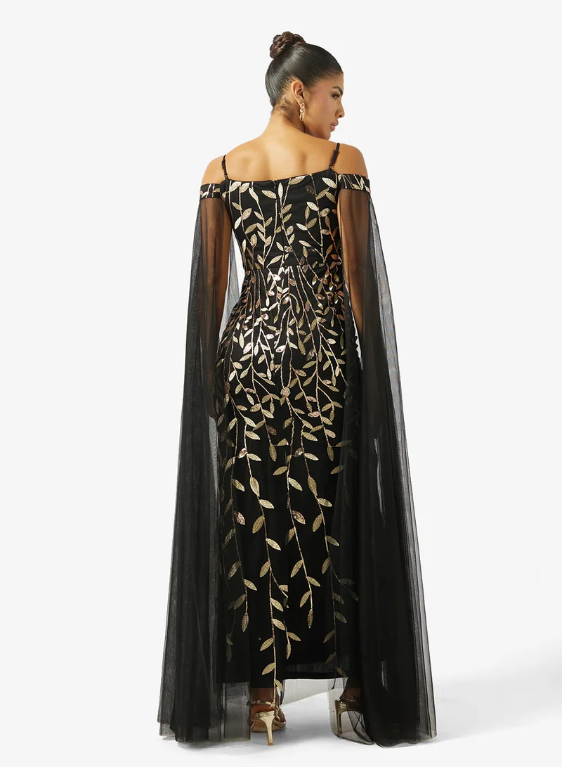 Ella Limited Edition Emrboidered Off Shoulder Dress With Sleeve trail